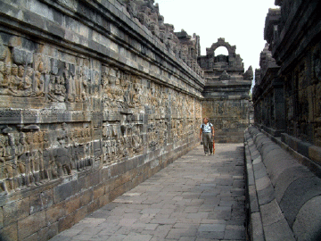 Dee studying the carvings